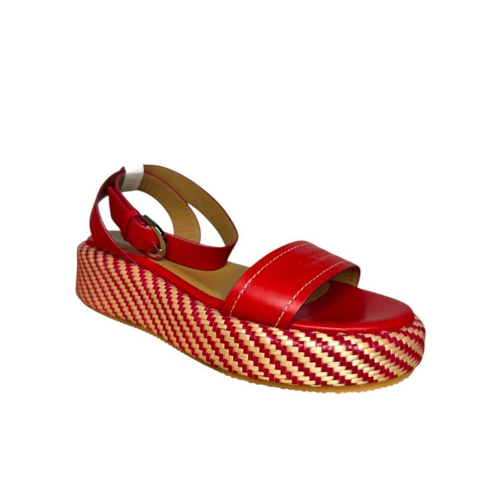 Emporio Armani Women’s EU 37 US 7 Wedge Espadrille Sandals Red Leather Logo NEW